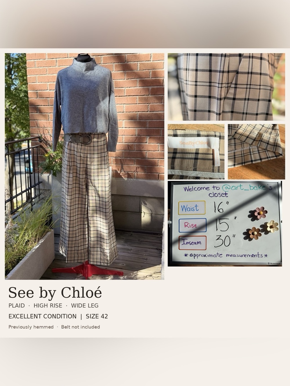 See by Chloé Beige Plaid High Waist Wide Leg Trousers Size 42
